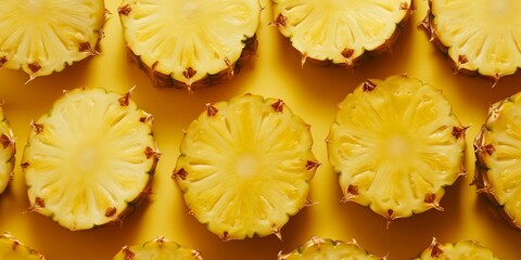 Sliced pineapple rings on yellow background. Flat lay of tropical fruit pattern. Summer and healthy eating concept. Image for menu backgrounds, and fruit packaging. 