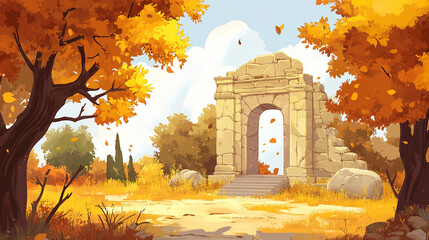 cartoon, simple, ancient ruins background in autumn, warm --ar 16:9 --style raw --v 6.1 job id: fc49