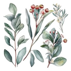 Wall Mural - Watercolor illustration of green leaves and red berries on white background.