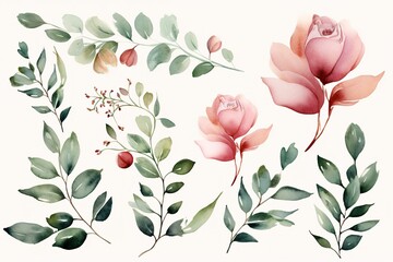 Wall Mural - Watercolor illustration of green leaves and pink roses.