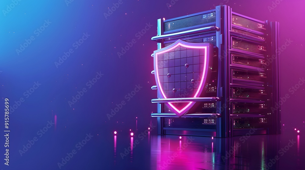 Server rack with illuminated shield symbol, representing data ...