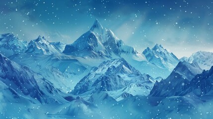 A mountain range covered in snow with a blue sky in the background. The mountains are tall and majestic, creating a sense of awe and wonder. The snow-covered landscape gives the scene a serene