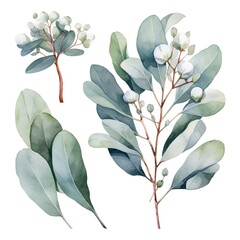 Wall Mural - Watercolor illustration of green leaves and white flowers on a branch.