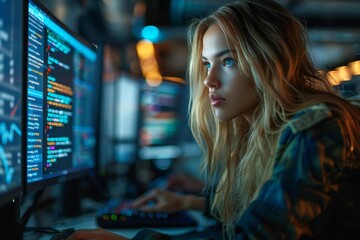 Young, beautiful computer programmer writing program code on multiple screens in the office.