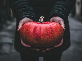 Person holding a dark burnt orange pumpkin