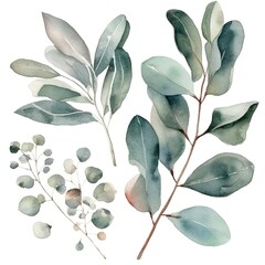 Wall Mural - Watercolor illustration of green leaves isolated on white background.