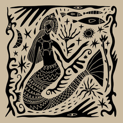 cartoon linocut vintage ethnic mermaid princess, boho character mascot groovy whimsical flat art. do