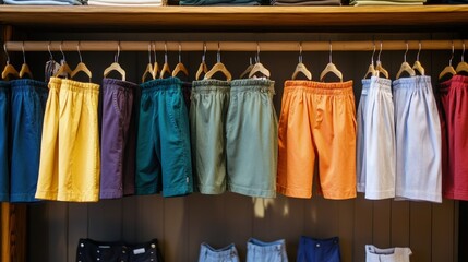 A clothing store display with a variety of shorts in different styles and colors neatly arranged.