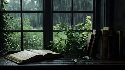 A photo of an indoor plant in front of the window, books and plants on desk, dark room, city outside window, rainy day, interior design photography