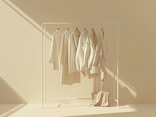 A white rack filled with stylish linen coats and jackets, showcasing a summer fashion collection.