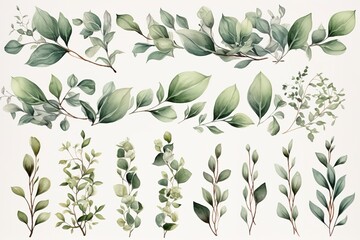 Wall Mural - Watercolor illustration of green leaves on branches.