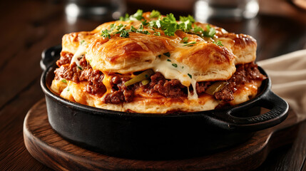 Wall Mural - Close-up of a baked casserole with flaky puff pastry, ground meat, cheese, and fresh herbs, served in a black cast iron skillet.