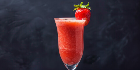 Wall Mural - Blended beverage poured into a tall glass, garnished with a single slice of strawberry