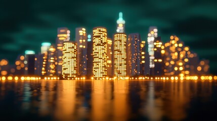 A stunning urban skyline illuminated at night, reflecting on water, showcasing modern architecture and vibrant city life.