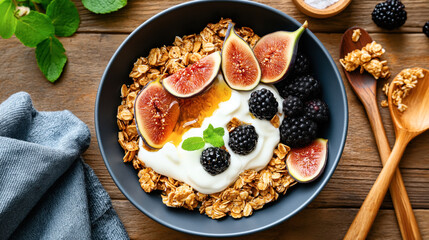 Poster - A bowl of granola topped with yogurt, fresh figs, blackberries, and honey, garnished with a mint leaf, placed on a wooden table with wooden spoons and a napkin.