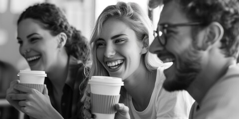 Wall Mural - Friendly group enjoying coffee together, smiles, happy atmosphere in a cozy cafe setting