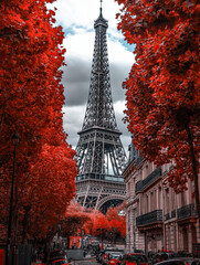 View of the Eiffel Tower in between trees with red leaves