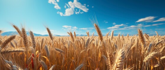 Wall Mural - Wheat field and blue sky with clouds. Panoramic view.