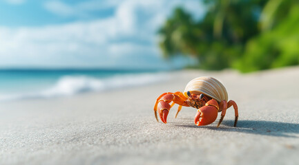 Wall Mural - Close up of a Hermit crab crawling on the beach, tropical island background