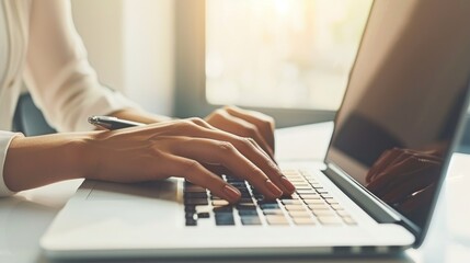 female hands typing on laptop in bright office