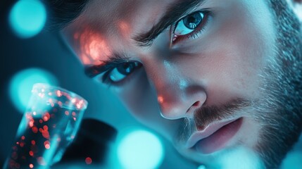 Canvas Print - Close up shot of a researcher looking intently at a petri dish with a microscope, highlighting the intricate details of a biological sample.