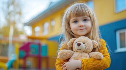 Wall Mural - little girl with a teddy bear on the background of the school. Selective focus