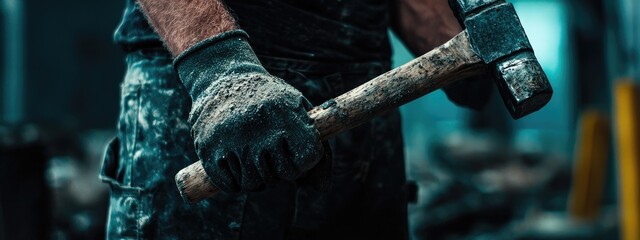 a man holds a hammer close-up. Selective focus