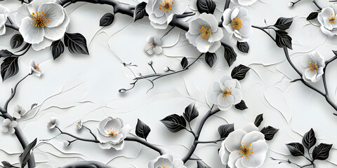 Seamless Elegant 3D Floral Wallpaper Design in White, Gold Flower, and Black Leaves with Sculpted Aesthetic on a Pristine Background. Seamless Tile Flower Wall Sticker