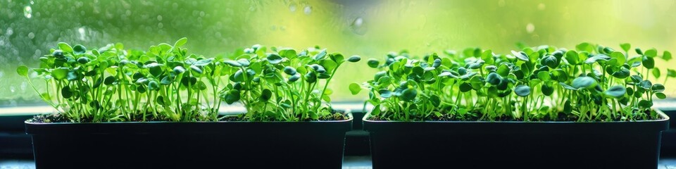 Poster - microgreens grow on the windowsill. Selective focus