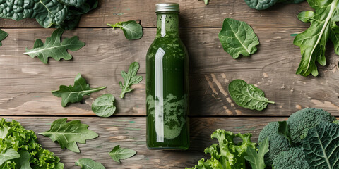 Wall Mural - Clear bottle of cold-pressed green juice on a wooden table, with leafy greens scattered around