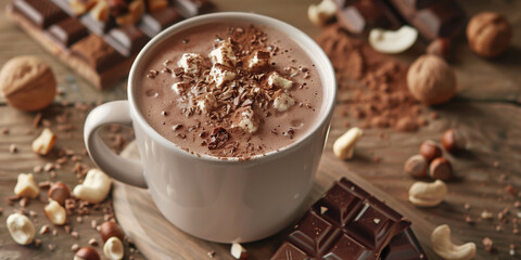 Cup of hazelnut hot chocolate with hazelnut pieces and a chocolate bar for garnish