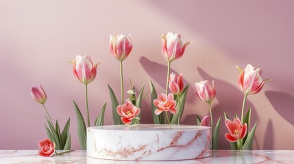 Sticker - Tulips Surround Marble Podium with Copy Space for Product Presentation