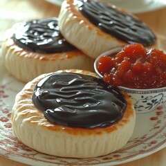 Wall Mural - Delicious Traditional Pastry with Rich Chocolate Topping and Jam Side Dish on Elegant Vintage Plate Perfect for Afternoon Tea