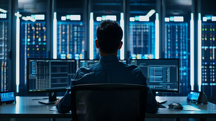 A male IT worker sits at his desk in front of computer monitors and looking computer screen, seen from behind and looking over the of an AI system that processes data on monitor displaying code
