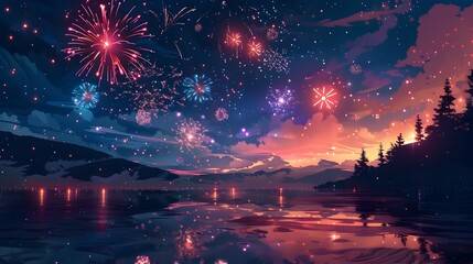 Wall Mural - Mesmerizing Fireworks Display Over Serene Beach in Minimalist Art