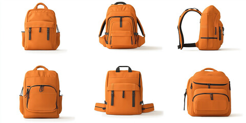 Orange backpack showing different sides with opened and closed pockets