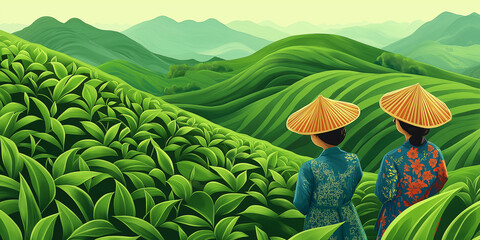 Two tea workers wearing conical hats looking at beautiful green tea plantation on hills