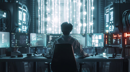 A male IT worker sits at his desk in front of computer monitors and looking computer screen, seen from behind and looking over the of an AI system that processes data on monitor displaying code
