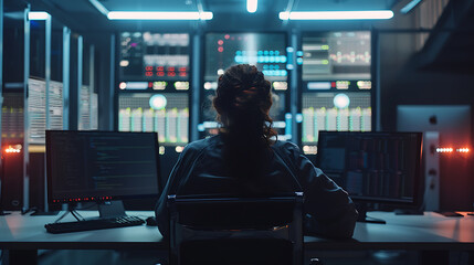 A male IT worker sits at his desk in front of computer monitors and looking computer screen, seen from behind and looking over the of an AI system that processes data on monitor displaying code
