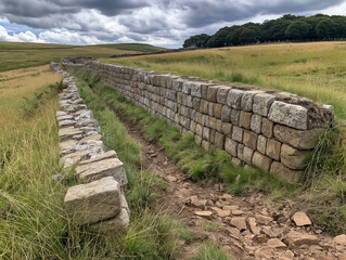 A stone wall with a path in between. The grass is green and the sky is cloudy