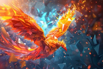 Wall Mural - Flaming Phoenix Amidst Geometric Shapes   Futuristic 3D Digital Art