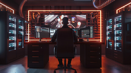 A male IT worker sits at his desk in front of computer monitors and looking computer screen, seen from behind and looking over the of an AI system that processes data on monitor displaying code
