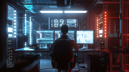 A male IT worker sits at his desk in front of computer monitors and looking computer screen, seen from behind and looking over the of an AI system that processes data on monitor displaying code
