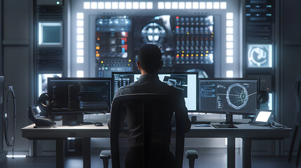 A male IT worker sits at his desk in front of computer monitors and looking computer screen, seen from behind and looking over the of an AI system that processes data on monitor displaying code
