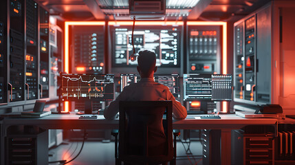 A male IT worker sits at his desk in front of computer monitors and looking computer screen, seen from behind and looking over the of an AI system that processes data on monitor displaying code
