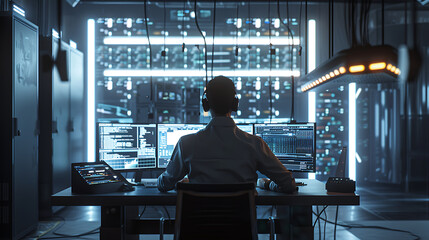 A male IT worker sits at his desk in front of computer monitors and looking computer screen, seen from behind and looking over the of an AI system that processes data on monitor displaying code
