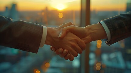 Sticker - A close-up shot of a handshake between a job candidate and an interviewer in a modern office, with a glass wall providing a view of the city. The handshake is firm,