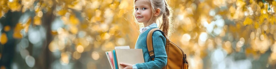 Wall Mural - a little girl leaves school with books in her hands. Selective focus