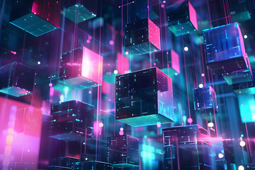 Wall Mural - abstract geometric pink and blue neon background. many futuristic cubes in space. 3D illustration