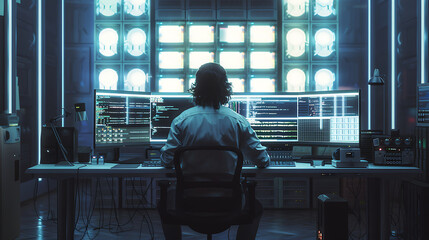 A male IT worker sits at his desk in front of computer monitors and looking computer screen, seen from behind and looking over the of an AI system that processes data on monitor displaying code
